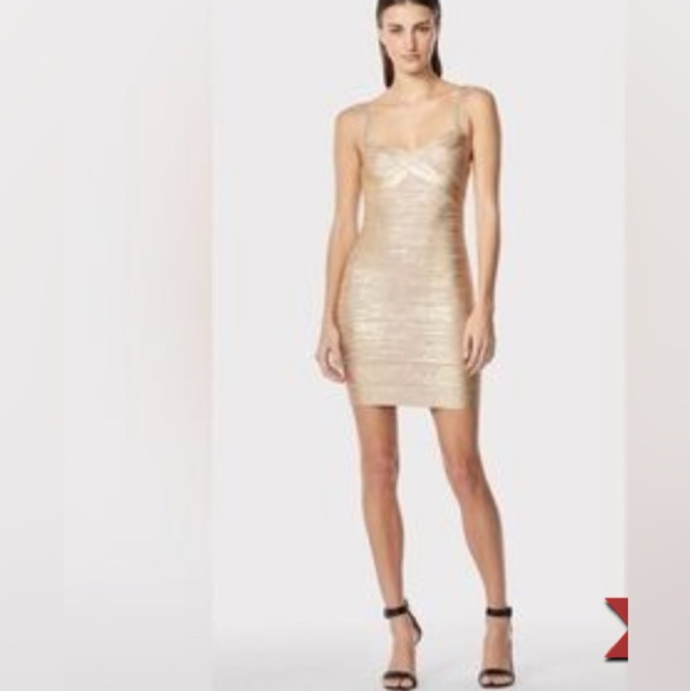 Hervé Léger Gold Foil Bandage Halter Dress NWT Size S
